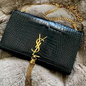 YSL Kate chain bag with tassel in crocodile embossed shiny leather